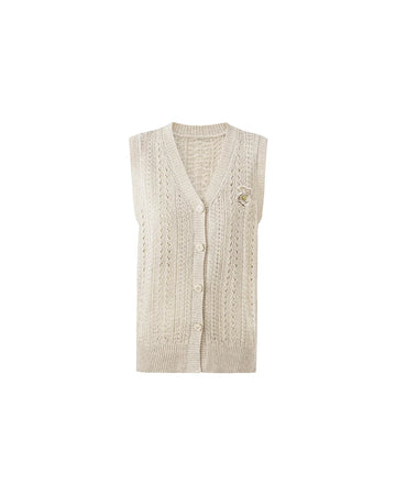 Openwork Knit Button V Neck Vest